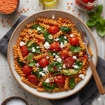 Pasta de Lenteja Roja con Tomatitos, Espinacas y Queso Feta