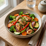 Salteado de verduras con pollo y salsa de soja