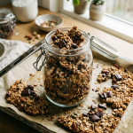 Granola crujiente de avena, frutos secos y chocolate