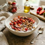 Bowl de yogur griego con fresas, chocolate y nueces