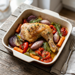 Cuarto trasero de pollo al horno con verduras asadas