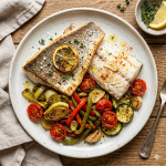 Corvina al horno con verduras asadas