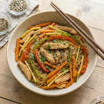 Noodles de arroz con verduras, pollo y salsa de soja
