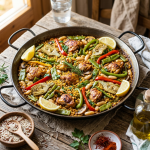Paella de verduras y pollo
