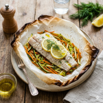 Merluza en papillote con verduras