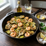 Alcachofas salteadas con puerro y gambas
