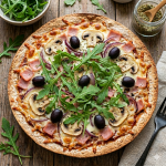 Faji-pizza de jamón, champiñones y rúcula
