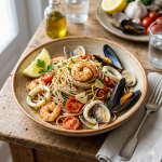 Espaguetis integrales con frutti di mare y toque de limón