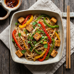 Fideos de arroz con salteado de tofu y pimiento