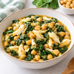 Plato de garbanzos salteados con espinacas frescas, bacalao desmigado y huevo duro servido en un plato rústico