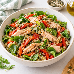 Bol de ensalada templada de quinoa con tiras de pimientos rojos asados, ventresca de bonito y canónigos