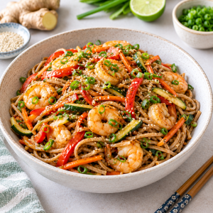 Bol de noodles integrales salteados con gambas, tiras de verduras variadas, jengibre y semillas de sésamo