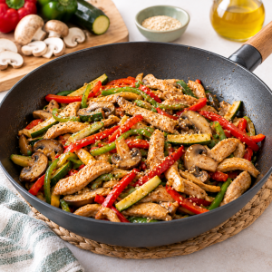 Bol con wok de pavo salteado con tiras de pimiento, calabacín, setas y salsa de soja espolvoreado con sésamo