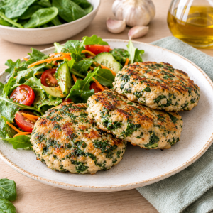 Plato con hamburguesas caseras de pollo picado y espinacas doradas a la plancha sobre mesa de madera