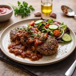 Sartén rústica con filetes rusos magros cocinados en salsa de tomate casera y decorados con perejil fresco