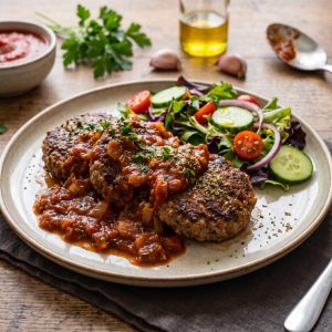 Sartén rústica con filetes rusos magros cocinados en salsa de tomate casera y decorados con perejil fresco